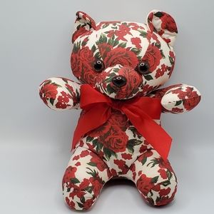 VINTAGE Milaca Mills Floral Roses Bear Plush Red Flowers 8" Stuffed Animal